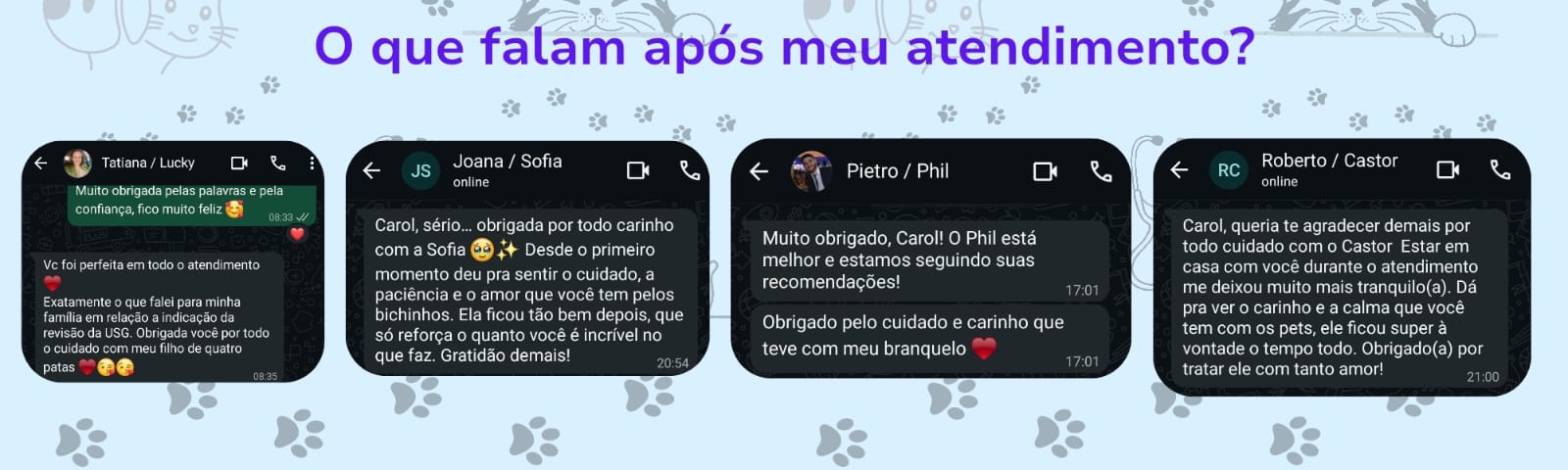 Depoimento de cliente no WhatsApp sobre atendimento veterinário a domicílio Melo Vet