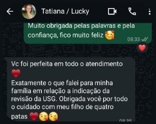 Depoimento de Tatiana, tutor(a) de Lucky, no WhatsApp da Melo Vet