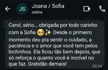 Depoimento de Joana, tutor(a) de Sofia, no WhatsApp da Melo Vet