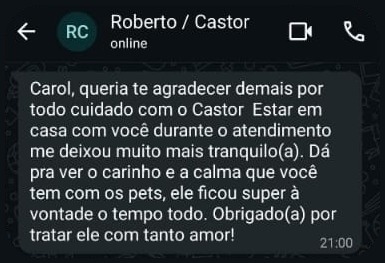 Depoimento de Roberto, tutor(a) de Castor, no WhatsApp da Melo Vet